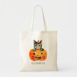 Gepersonaliseerde Halloween Black Cat en Pumpkin Tote Bag