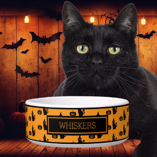 Gepersonaliseerde Halloween Black Cat Pumpkin Pet Voerbakje