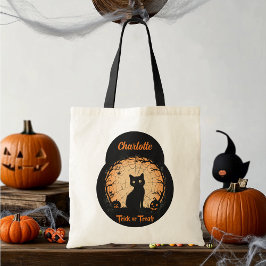 Gepersonaliseerde Halloween Black Cat Trick-or-Tre Tote Bag