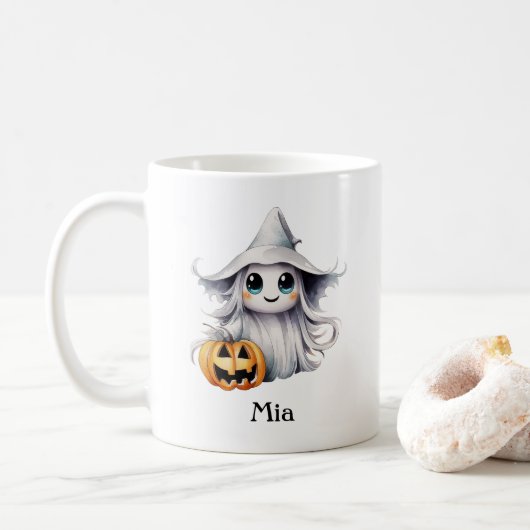 Gepersonaliseerde Halloween Boo-tiful Ghost Girl Koffiemok (Met donut)