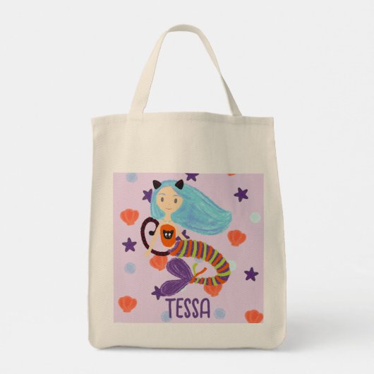 Gepersonaliseerde Halloween Pastel Zeemeermin Kat Tote Bag (Achterkant)