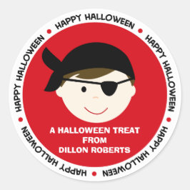 Gepersonaliseerde Halloween Pirate Boy Favor Tag Ronde Sticker