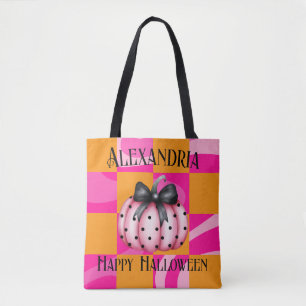 Gepersonaliseerde Halloween pompoen boog roze Sina Tote Bag