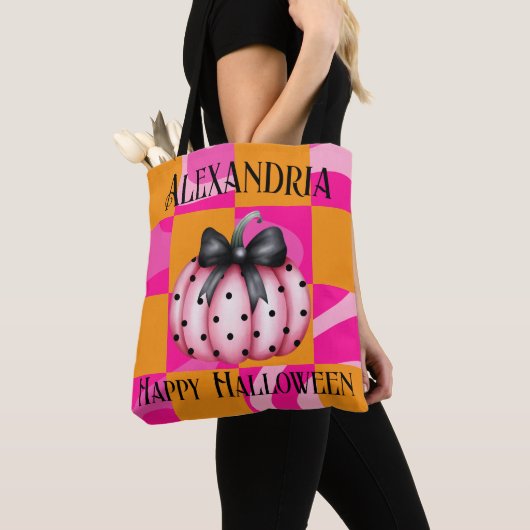Gepersonaliseerde Halloween pompoen boog roze Sina Tote Bag (Dichtbij)