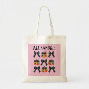 Gepersonaliseerde Halloween Pumpkin Bow Pink Tote Bag