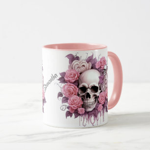 Gepersonaliseerde Halloween schedel en Rozen Mok