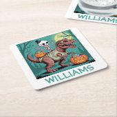 Gepersonaliseerde Halloween Skeleton Riding Dinosa Kartonnen Onderzetters (Schuin)