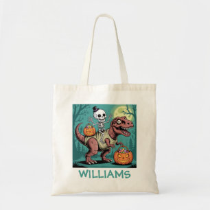 Gepersonaliseerde Halloween Skeleton Riding Dinosa Tote Bag