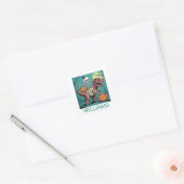 Gepersonaliseerde Halloween Skeleton Riding Dinosa Vierkante Sticker (Envelop)
