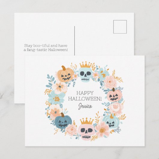 Gepersonaliseerde Halloween Skull Pumpkin Floral C Feestdagenkaart (Voorkant / Achterkant)