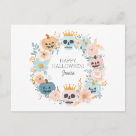 Gepersonaliseerde Halloween Skull Pumpkin Floral C Feestdagenkaart