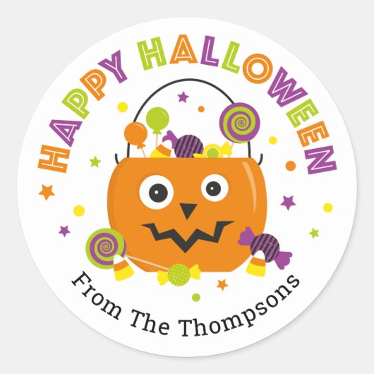 Gepersonaliseerde Halloween Snoep emmer ronde Stic Ronde Sticker (Voorkant)