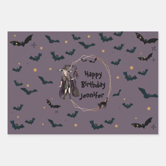 Gepersonaliseerde Halloween Witch/Bats Pattern Wra Inpakpapier Vel (Voorkant)