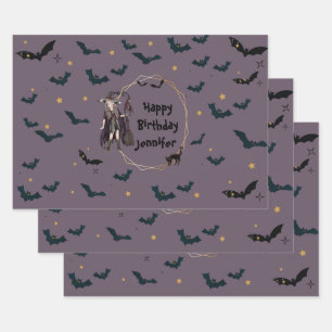 Gepersonaliseerde Halloween Witch/Bats Pattern Wra Inpakpapier Vel