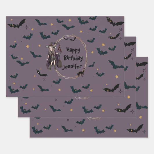 Gepersonaliseerde Halloween Witch/Bats Pattern Wra Inpakpapier Vel (Set)
