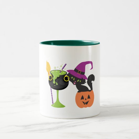 Gepersonaliseerde Halloween Witch Black Cat Coffee Tweekleurige Koffiemok (Center)