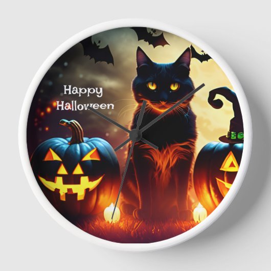 Gepersonaliseerde Halloween Zwarte Kat Muur Klok (Voorkant)