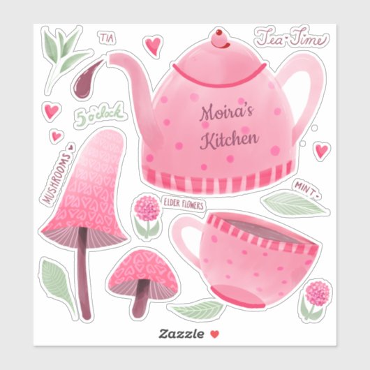 Gepersonaliseerde Hand geschilderd roze Tea-Time S Sticker (Vel)