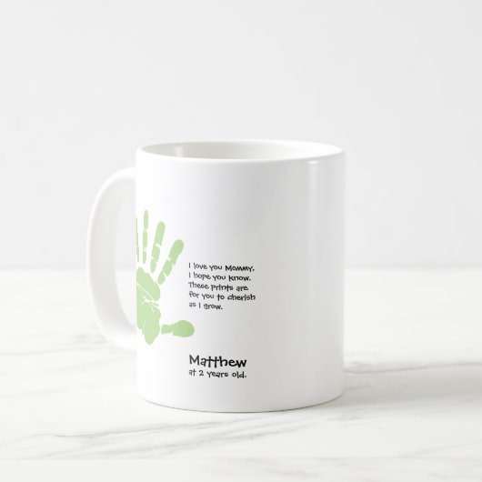 Gepersonaliseerde handafdruk mok van kind met naam (Voorkant links)