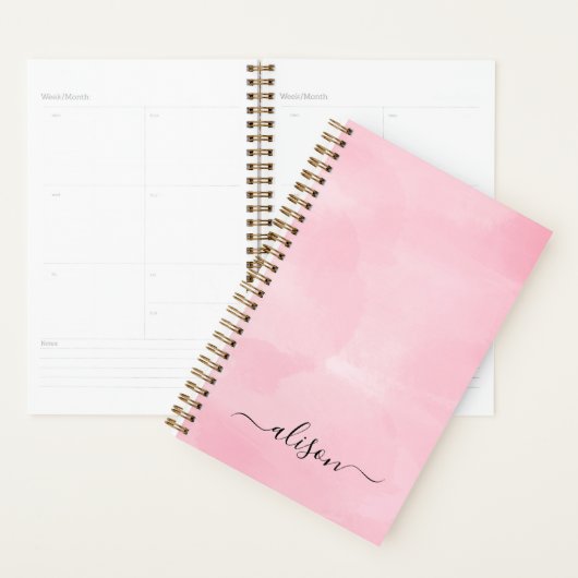 Gepersonaliseerde Handtekening Roze Waterverf Plan Planner (Display)