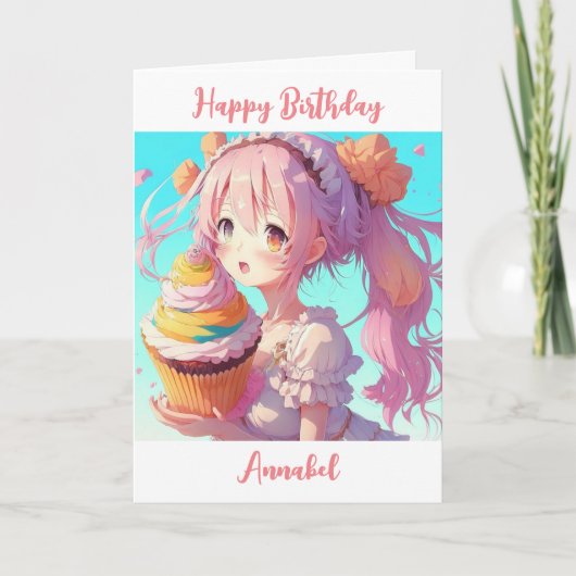 Gepersonaliseerde Happy Birthday Anime Meisje Cupc Kaart (Voorkant)