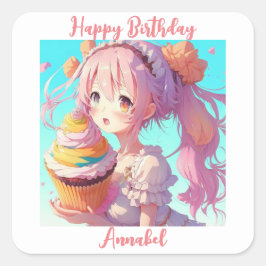 Gepersonaliseerde Happy Birthday Anime Meisje Cupc Vierkante Sticker