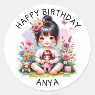 Gepersonaliseerde Happy Birthday    Aziatisch meis Ronde Sticker