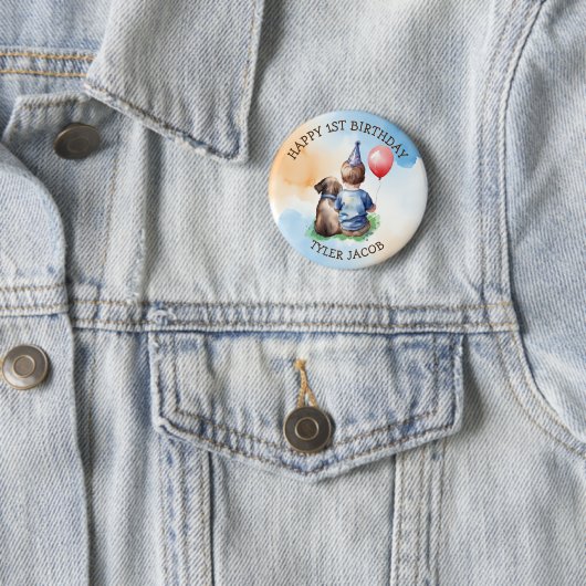 Gepersonaliseerde Happy Birthday | Baby en puppy Ronde Button 5,7 Cm (In situ)