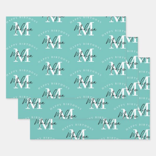 Gepersonaliseerde Happy Birthday Blauwgroen Monogr Inpakpapier Vel (Set)