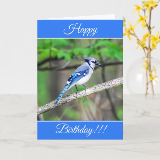 Gepersonaliseerde Happy Birthday Blue Jay Kaart (Gele Bloem)