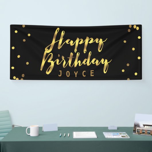 Gepersonaliseerde Happy Birthday Faux Gold Confett Spandoek (Beurs)