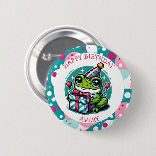 Gepersonaliseerde Happy Birthday Frog Thema Ronde Button 5,7 Cm