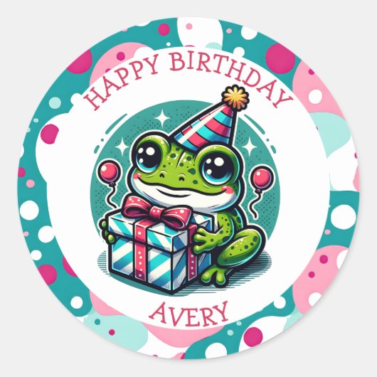 Gepersonaliseerde Happy Birthday Frog Thema Ronde Sticker (Voorkant)