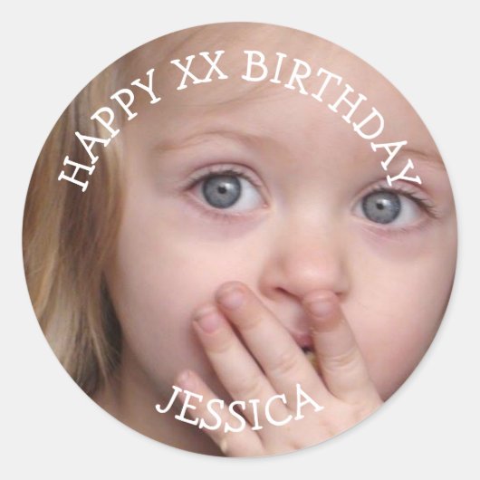 Gepersonaliseerde Happy Birthday Leeftijd en foto Ronde Sticker (Voorkant)