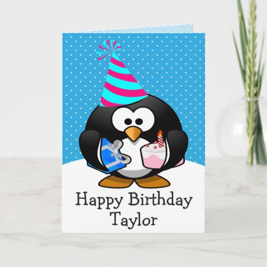 Gepersonaliseerde Happy Birthday Penguin Kinder Ka Kaart (Voorkant)