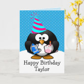 Gepersonaliseerde Happy Birthday Penguin Kinder Ka Kaart (Gele Bloem)