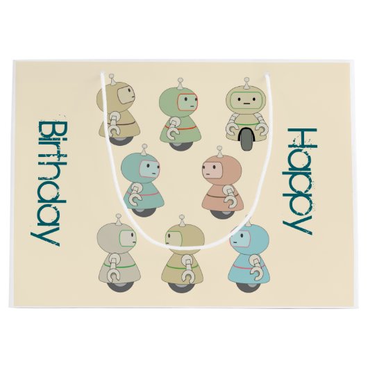 Gepersonaliseerde Happy Birthday Retro Robots Groot Cadeauzakje (Voorkant)