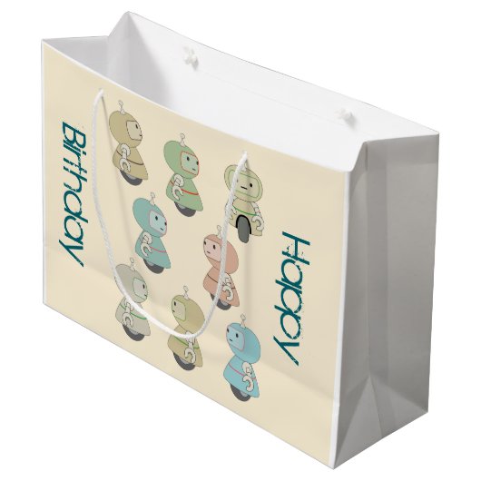 Gepersonaliseerde Happy Birthday Retro Robots Groot Cadeauzakje (Voorkant Gekanteld)