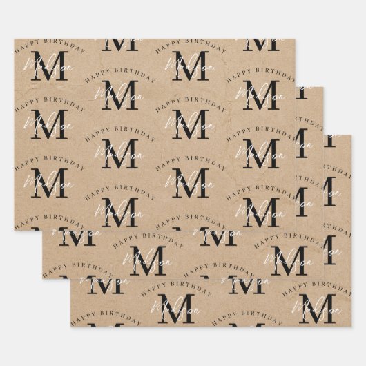 Gepersonaliseerde Happy Birthday Rustic Kraft Mono Inpakpapier Vel (Set)