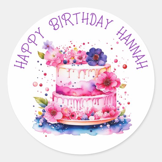 Gepersonaliseerde Happy Birthday Whimsical Cake Ronde Sticker (Voorkant)