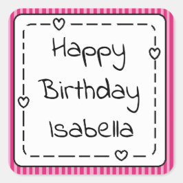 Gepersonaliseerde Happy Birthday Whimsical Pink Gi Vierkante Sticker