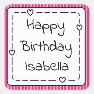 Gepersonaliseerde Happy Birthday Whimsical Pink Gi Vierkante Sticker