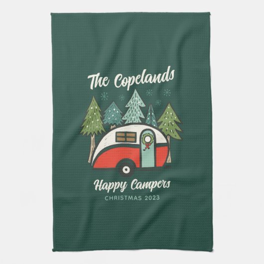 Gepersonaliseerde Happy Campers Kerstmis Theedoek (Verticaal)