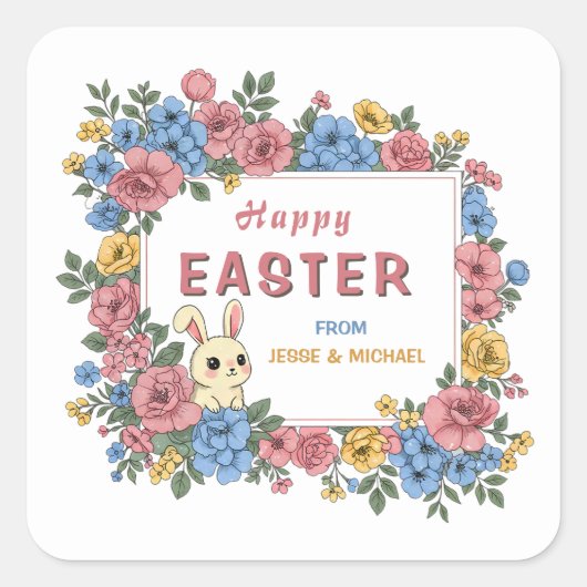 Gepersonaliseerde Happy Easter Bunny Floral Custom Vierkante Sticker (Voorkant)