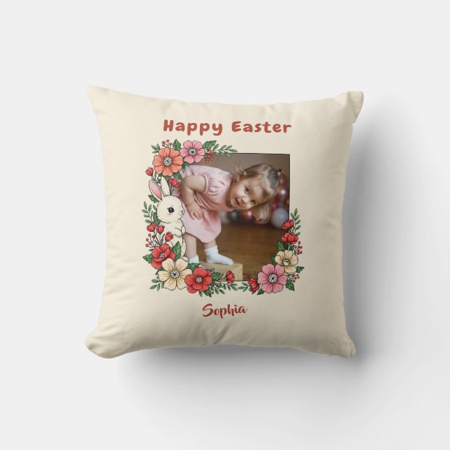 Gepersonaliseerde Happy Easter Floral Bunny Custom Kussen (Voorkant)
