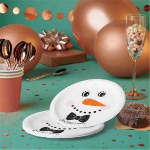 Gepersonaliseerde Happy Face Snowman Black Bowtie Papieren Bordje