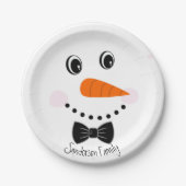 Gepersonaliseerde Happy Face Snowman Black Bowtie Papieren Bordje (Voorkant)
