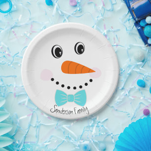 Gepersonaliseerde Happy Face Snowman Blauwgroen Bl Papieren Bordje