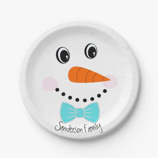 Gepersonaliseerde Happy Face Snowman Blauwgroen Bl Papieren Bordje (Voorkant)