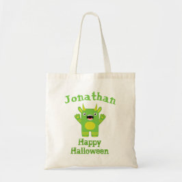 Gepersonaliseerde Happy Halloween Green Stripey Mo Tote Bag